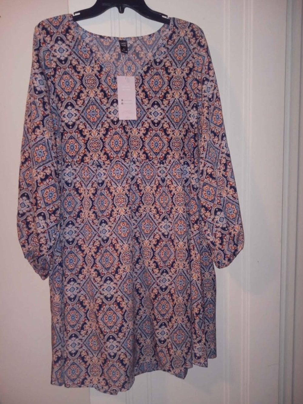 Printed Long Sleeve Tunic Dress - Blue Multi
